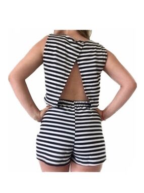 Gypsy Warrior Black and White Horizontal Striped Open Flap Back Shorts Rompers